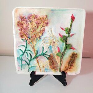 Botanical Relief Casting in Plaster Art Plaque / Tile Original, One-of-a-Kind